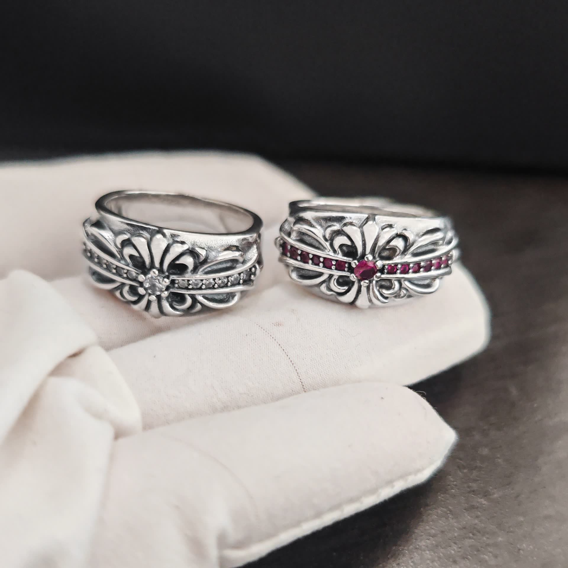 Chrome Hearts Silver Floral Ring with Gemstones